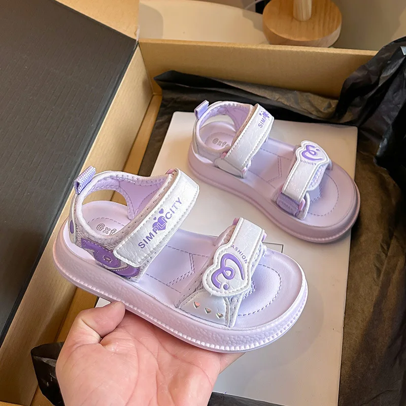 Girls' Heart-Shaped Princess Sandals, Spring/Summer 2026 New Style, Velcro Open-Toe, Beach Shoes Solid Color Fashion Sports