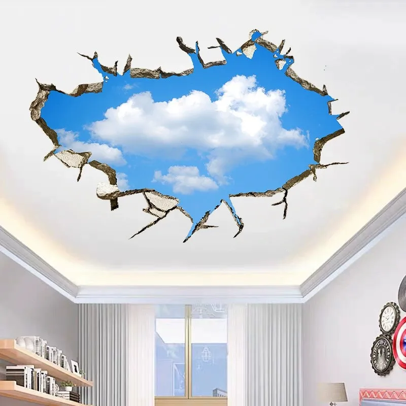 Home Decoration Creative Wall Hole Art Sunny Blue Sky White Cloud Vinyl Mural Stickers for Aesthetic Room Roof Ceiling Wallpaper