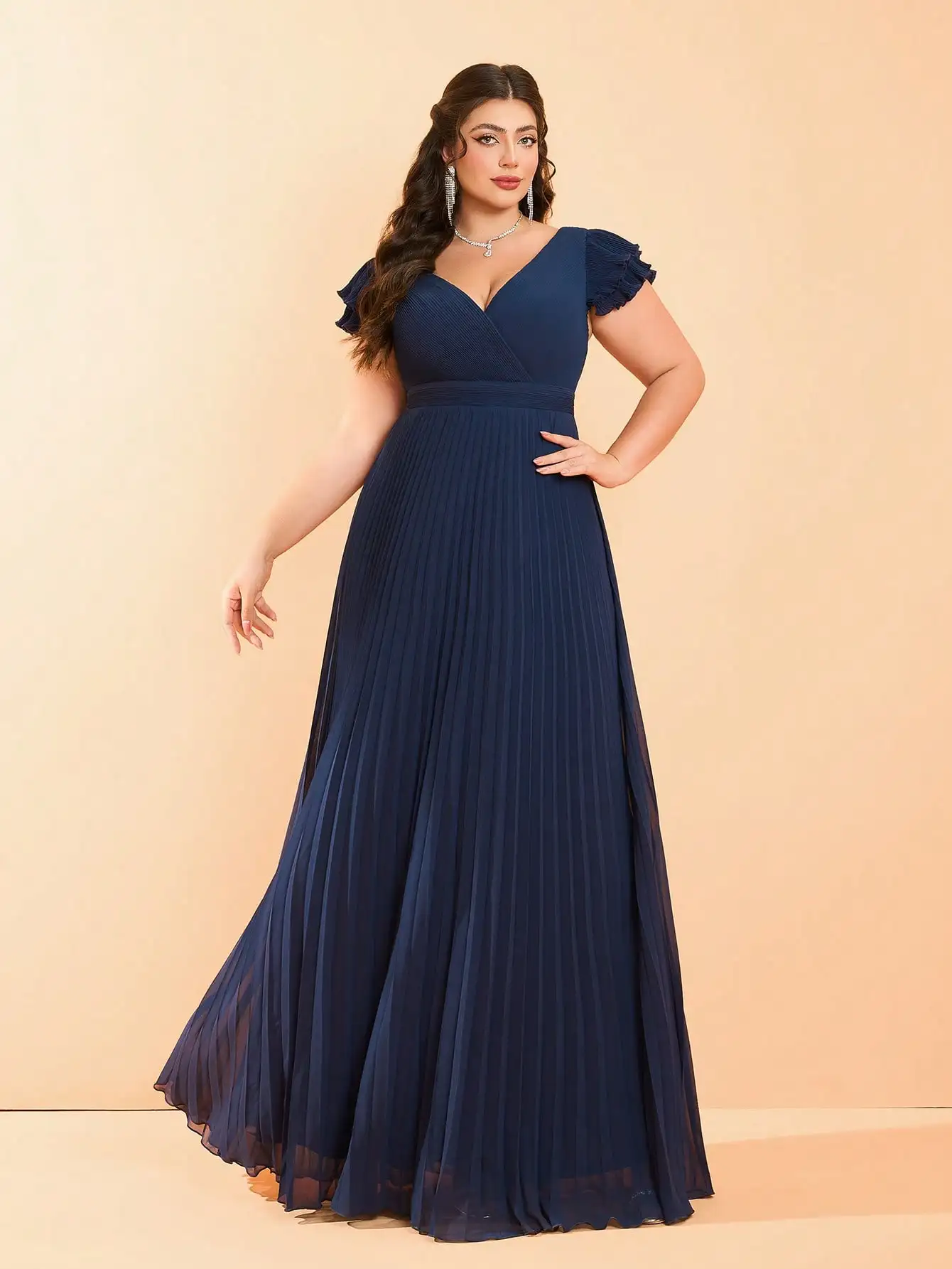 Mgiay Cross V-neck pearl chiffon pleated leaf-shaped sleeves full-length high-end evening gown