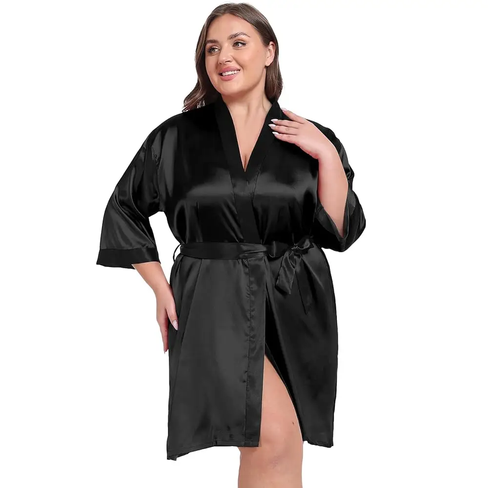 

Womens Plus Size Silky Satin Kimono Robe Floral Short Bride Bridesmaid Bathrobe Soft Sleepwear