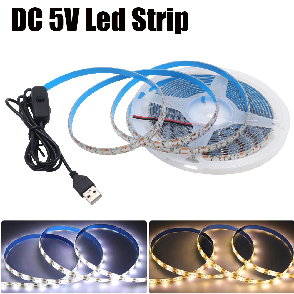 Taśma Led 5V USB SMD 2835 50CM 1M 2M 4M 5M biały/ciepły biały/czerwony/niebieski/zielony IP21 elastyczne oświetlenie taśma wstążkowa podświetlenie