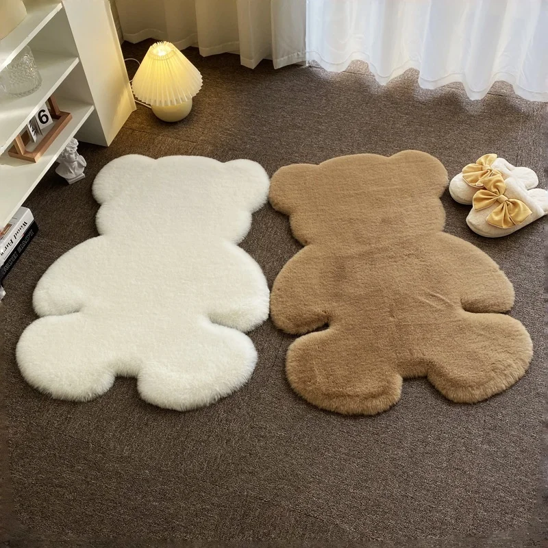 Cute Bear Plush Area Rug Artificial Rabbit Fur Carpet Thickend Anti-slip Floor Mat Bedside Game Rug Bedroom Accessory Home Decor