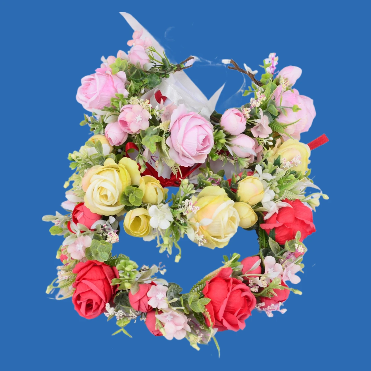 

Artificial Rose Flower Braided Wreath Bride Women Flower Crown Hair Band Wedding Floral Headband Garland Ribbon Hair Accessories