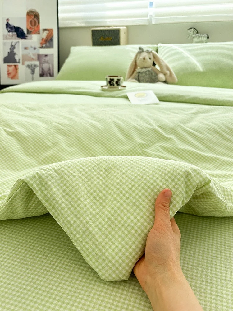 

Комплект постельного белья из чистого хлопка Waed, простой, легкий, в клетку, трехпредметный, размер Queen, в японском стиле