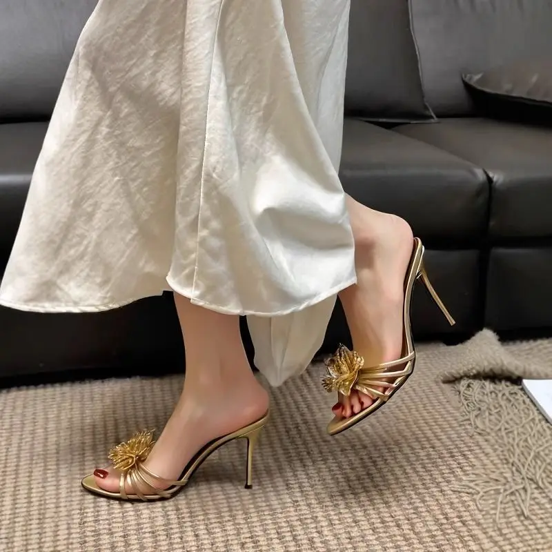 

2026 Summer Autumn New Women's High Heel Sandals Gold Petal Design Open Toe Elegant Stunning Premium Footwear