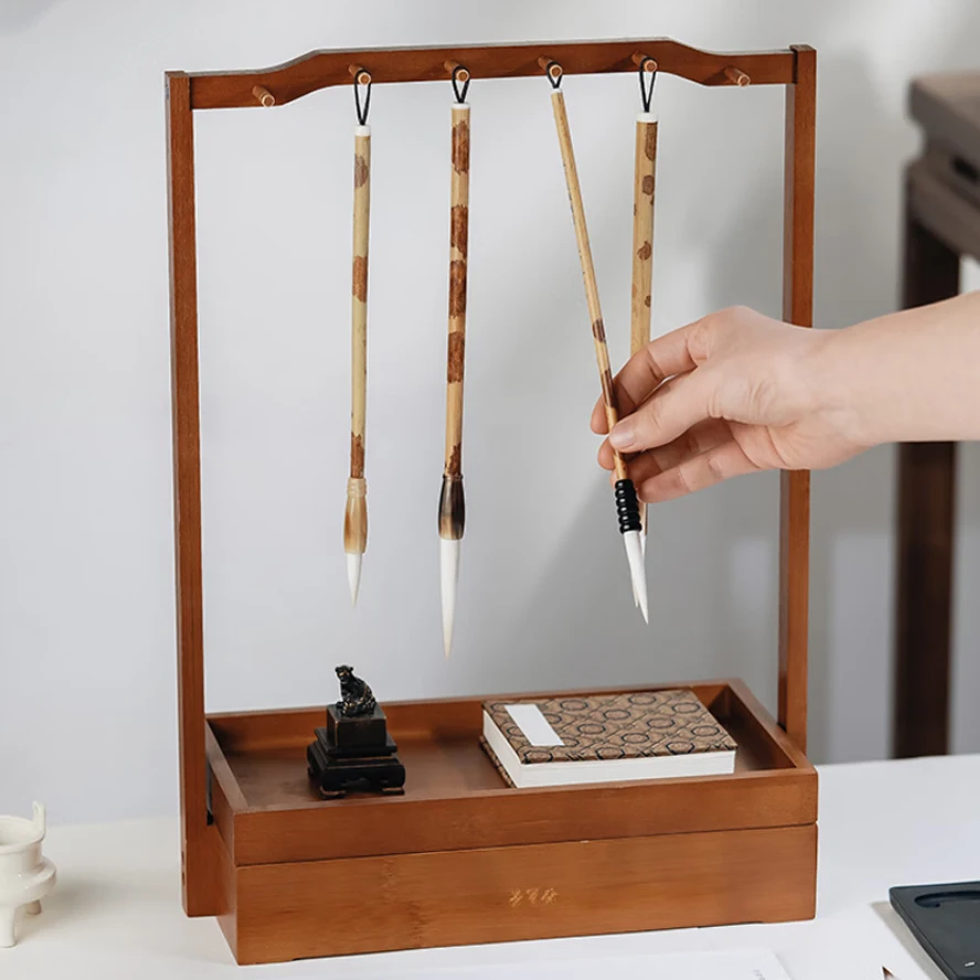 2-Tier Bamboo & Wood Brush Hanging Rack - Multi-functional Brush Rest & Storage Shelf, Calligraphy & Painting Set, Desk Organize