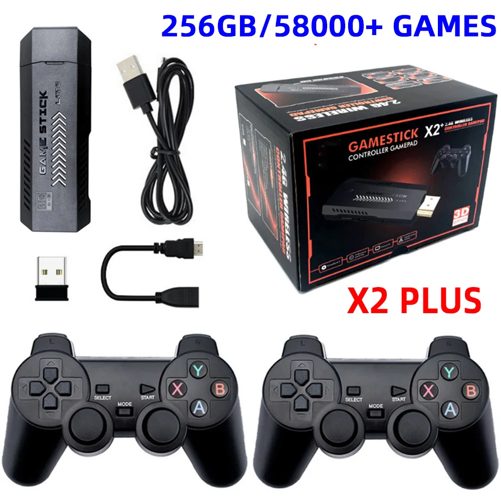 X2 PLUS Video Game Stick 1080P Console 2.4G Double Wireless Controller 58000 Games 256GB Retro Games for PSP PS1 FC Boy Gift