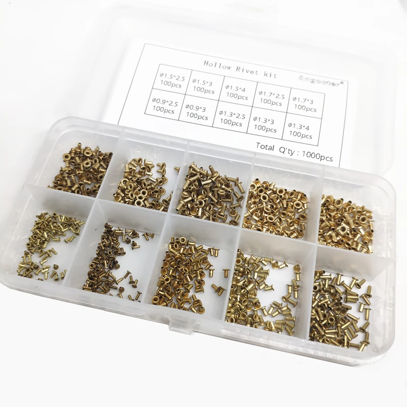 

Набор медных полых заклепок (1000 шт.) M0.9, M1.3, M1.5, M1.7*2.5/3/4 мм для двусторонних печатных плат (PCB)