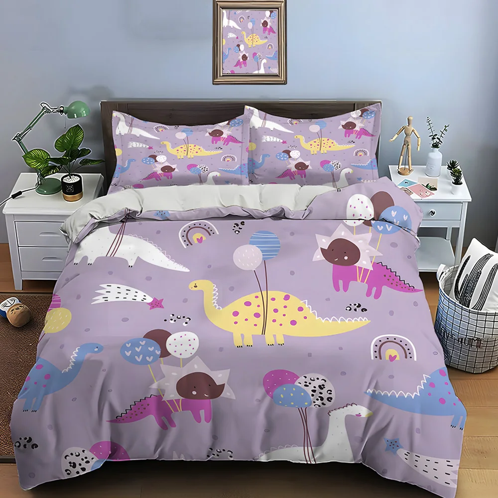 Cartoon dinosaurs with balloons background Bedding Set for Kids Luxury Gift 3pcs Digital Print Comforter Set Soft Comfortable