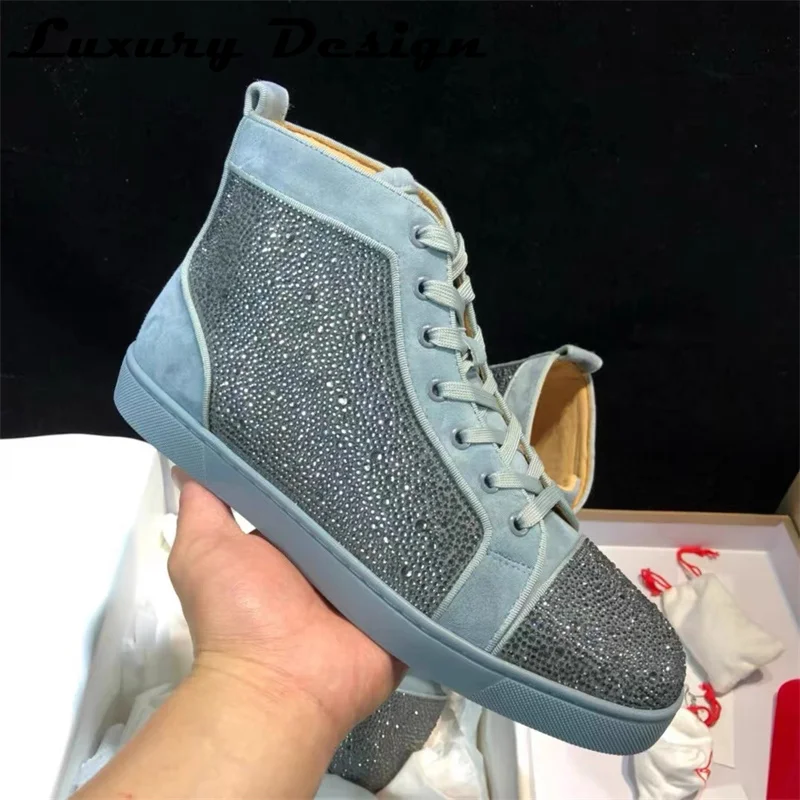 Luxury Red Bottom Shoes Accessories Shoes High Top Full Diamond Men\'s Shoes Black Suede Rhinestone Couple Models Rivet High-top