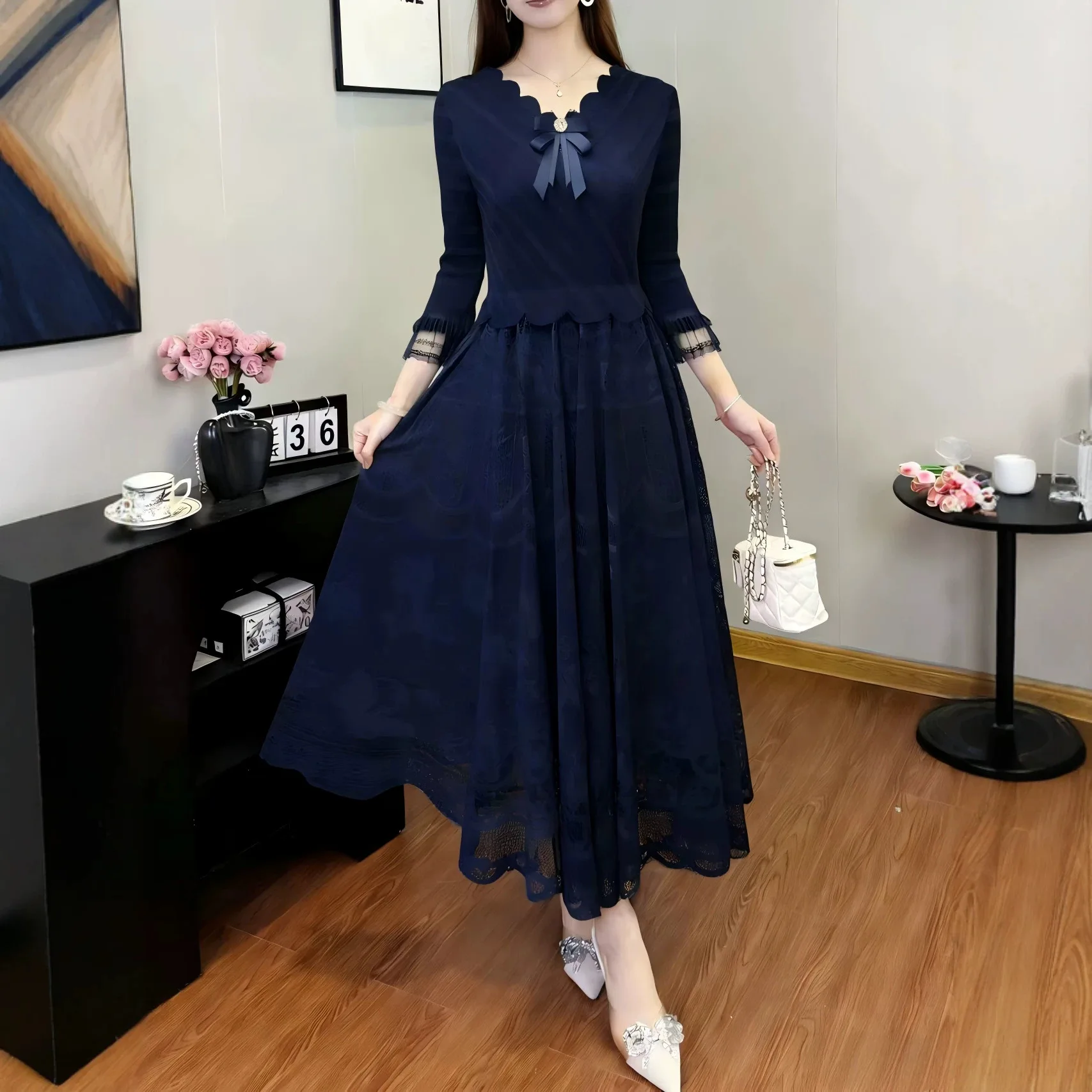 Miyake Pleated Women's Casual Dress 2026 Solid Color Lace Splicing Lace Collar Bell Sleeves Loose Fake Two-piece Elegant Dress