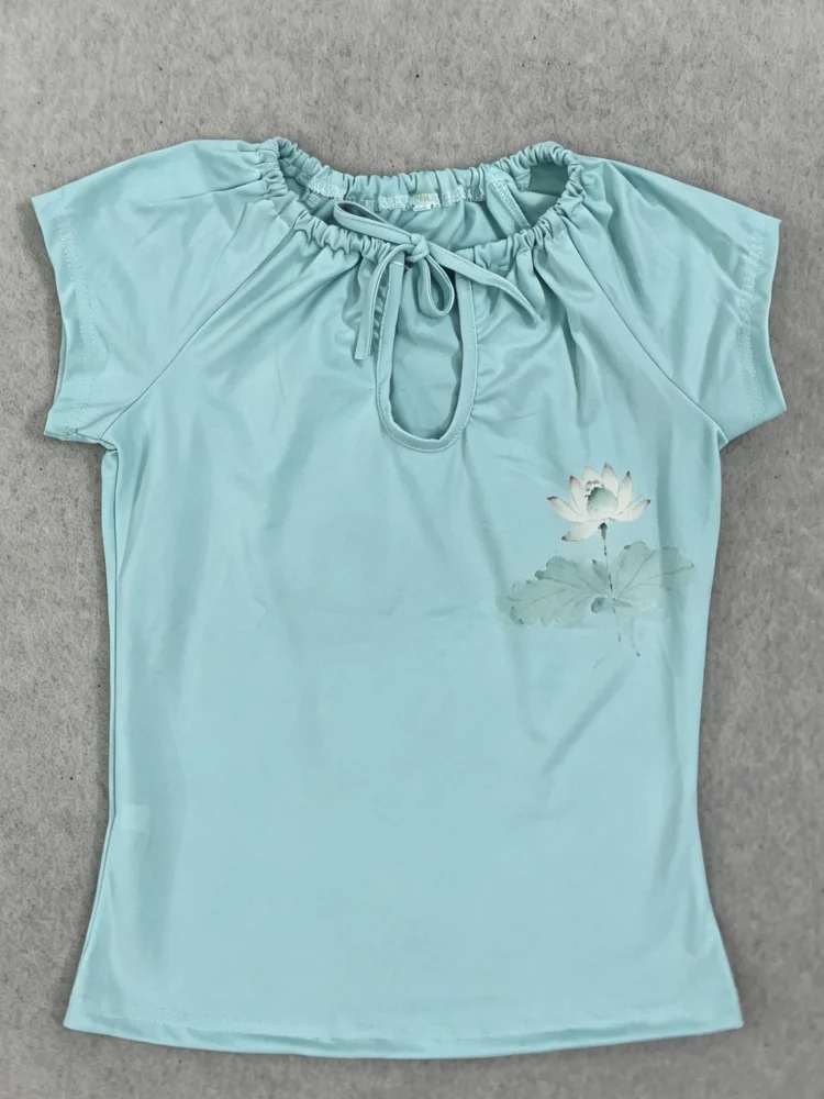Light Lake Blue New Chinese T‑Shirt Women Drawstring Halter Hollow Lotus Print Slim Top