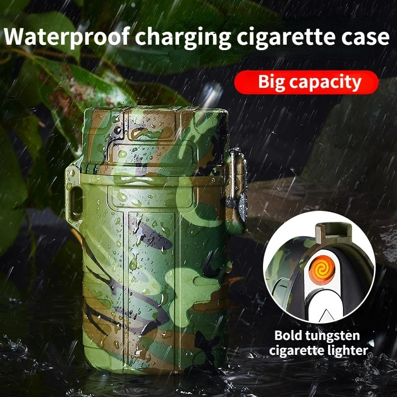 Creative 20pcs Waterproof Lighter Cigarette Case Portable USB Charging Windproof Lighter Outdoor Wading Camping Men\'s Gadgets