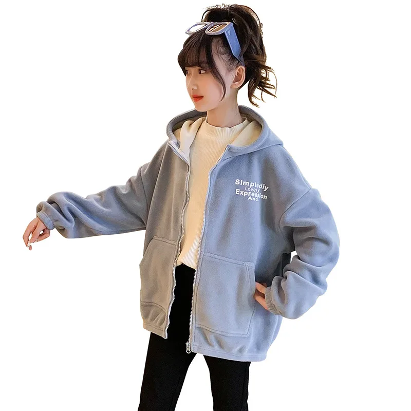 Girls' Winter Wear New Double sided Velvet Warmth Shake Fleece Thick and Plush Cardigan Coat Hooded Sports