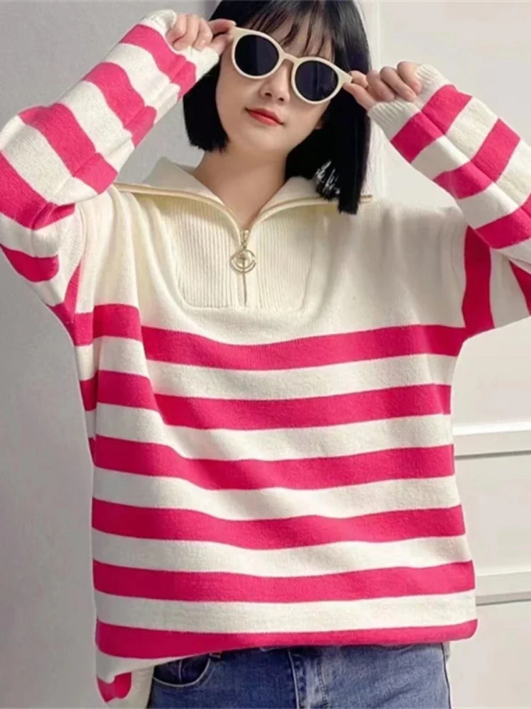 New Knitwear Simplicity Casual Tops for Women Winter Lapel Half Zip Stripe Women's Sweater 2026 Khaki White Sweaters Pullovers