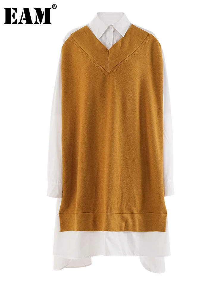 [EAM] suéter amarillo tejido de talla grande para mujer, vestido camisero por debajo de la rodilla, solapa nueva, manga larga, moda Primavera Otoño 2025 CPDB205
