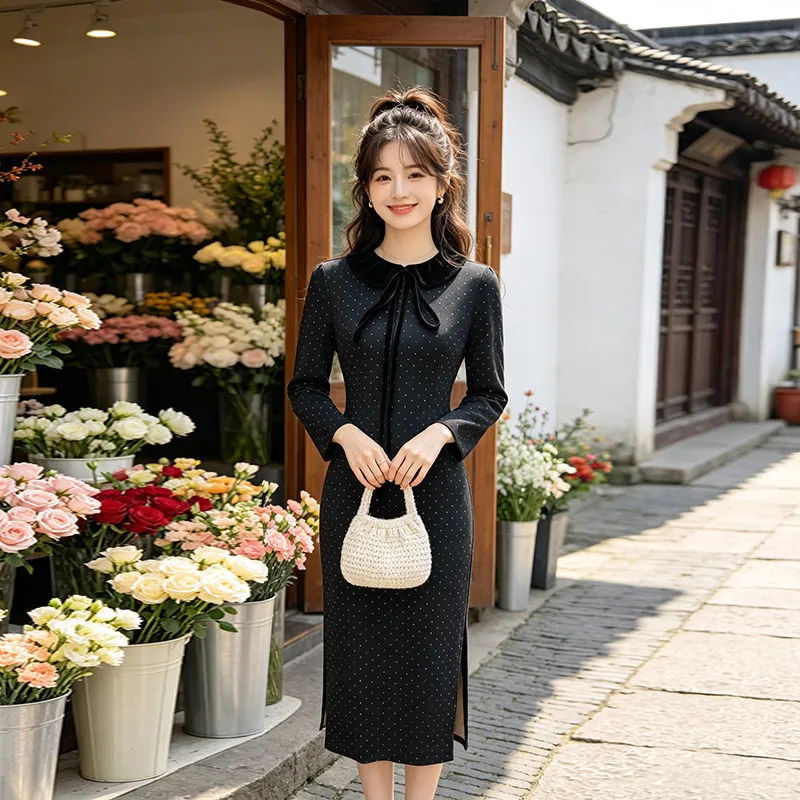Spring and Autumn 2026 Hepburn Style Black Printed Polka Dot Dress Women's Retro Lapel Bow Slim Fit Female Qipao Dress