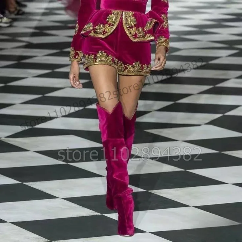 

Розово-красные вельветовые сапоги выше колена с кружевным декором, женская обувь на тонком высоком каблуке, новинка 2023, подиум, Zapatos Para Mujere