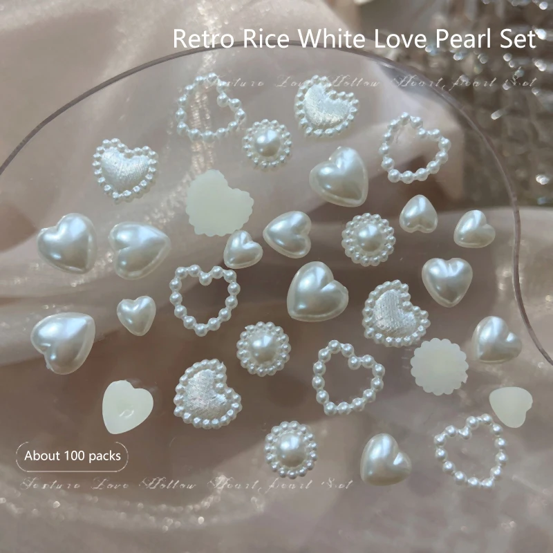 100 Teile/beutel Gemischte Perle Nagel Strass 3D Halb Runde Perle Herzförmige Nagel Charms DIY Handgemachte Accessoires Für Telefon Fällen