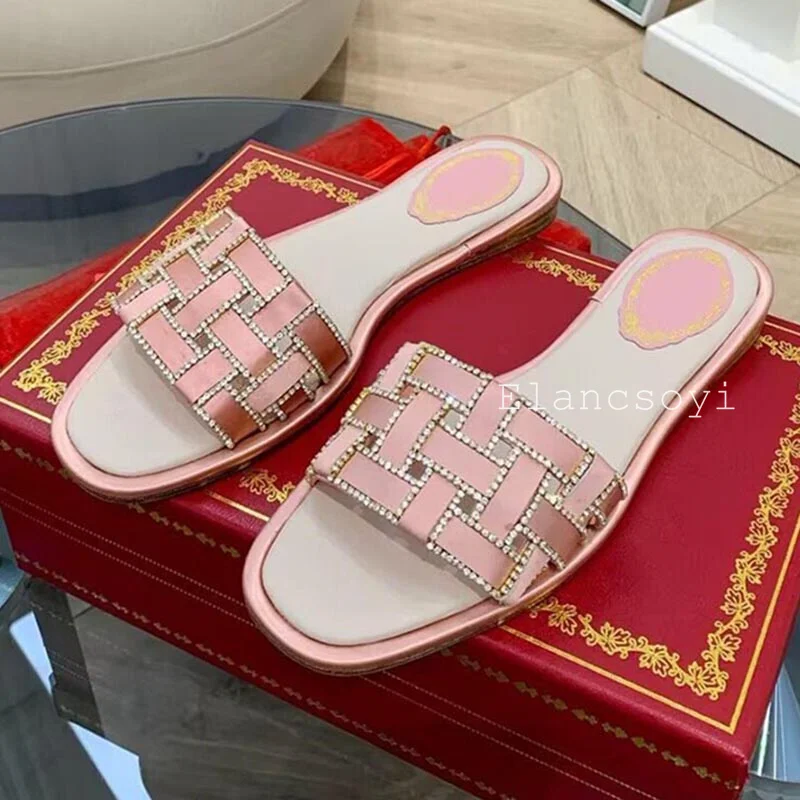 Summer Satin Silk Shiny Crystal Slippers Women's Solid Color Flat Bottom Elegant Slides Outdoor Leisure Vacation Beach Shoes