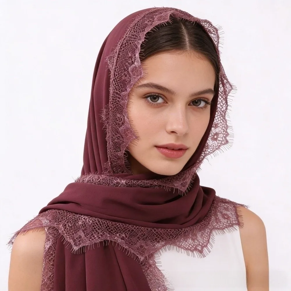 Fashion Solid Color Muslim Chiffon Jersey Hijab Soft Lace Trim Women Headscarf Long Breathable Scarf Shawls Lady