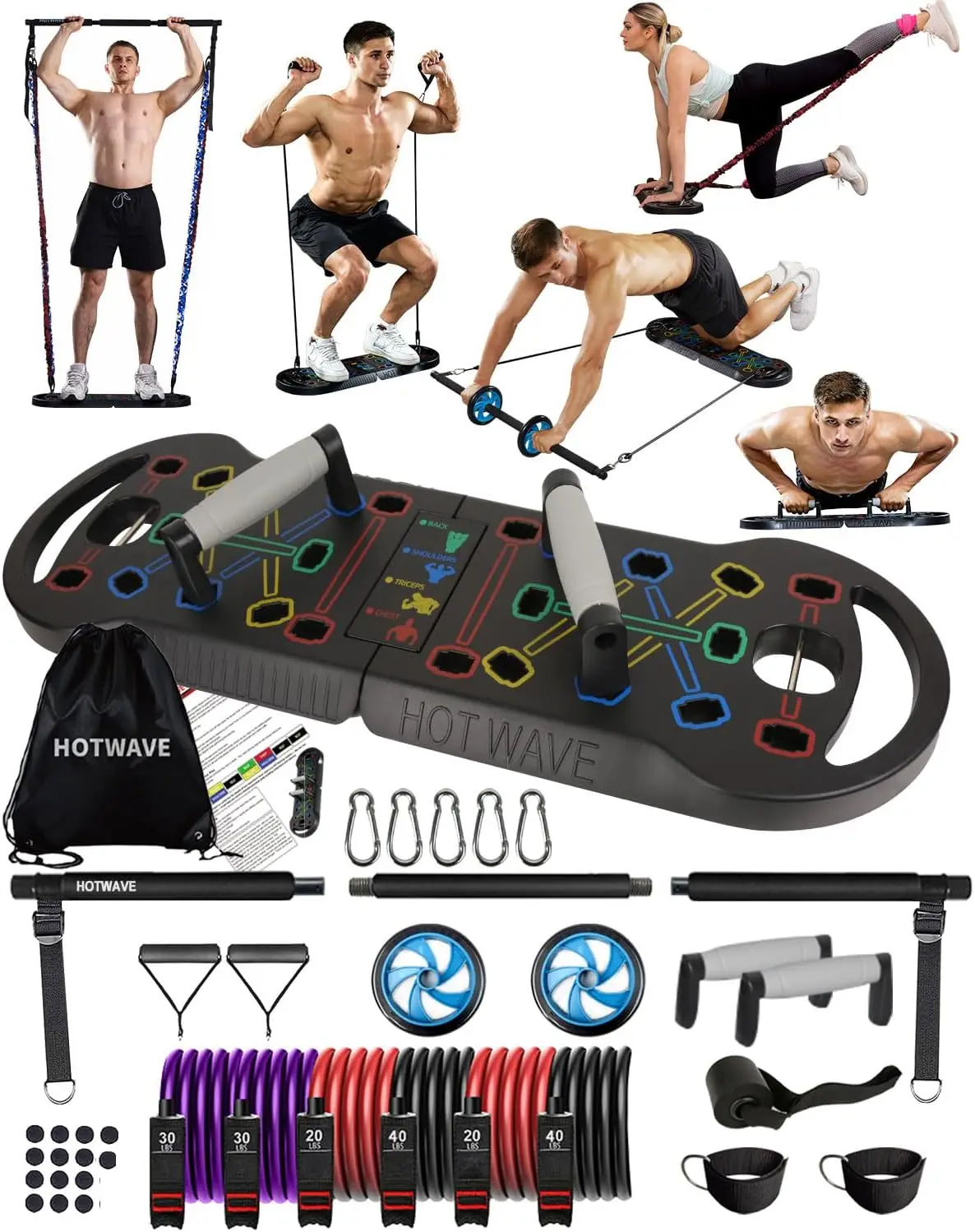 HOTWAVE Portable Exercise Equipment with 16 Gym Accessories,20 in 1 Push Up Board Fitness,Resistance Bands with Ab Roller Wheel,