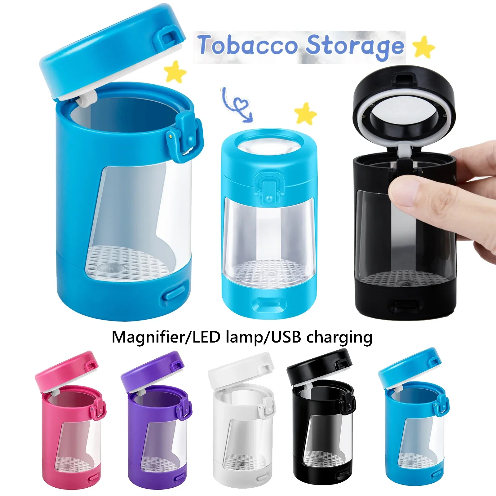 

Jar with LED Light and Magnifying Glass Portable Cigarette Storage Jar Transparent Airtight Container with Spoon Black