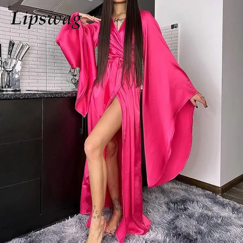 Elegant Open Slit Silk Long Dress Elegant Long Sleeve Satin Party Dress All Match Solid Lace-up Robe Dresses Homewear Women's