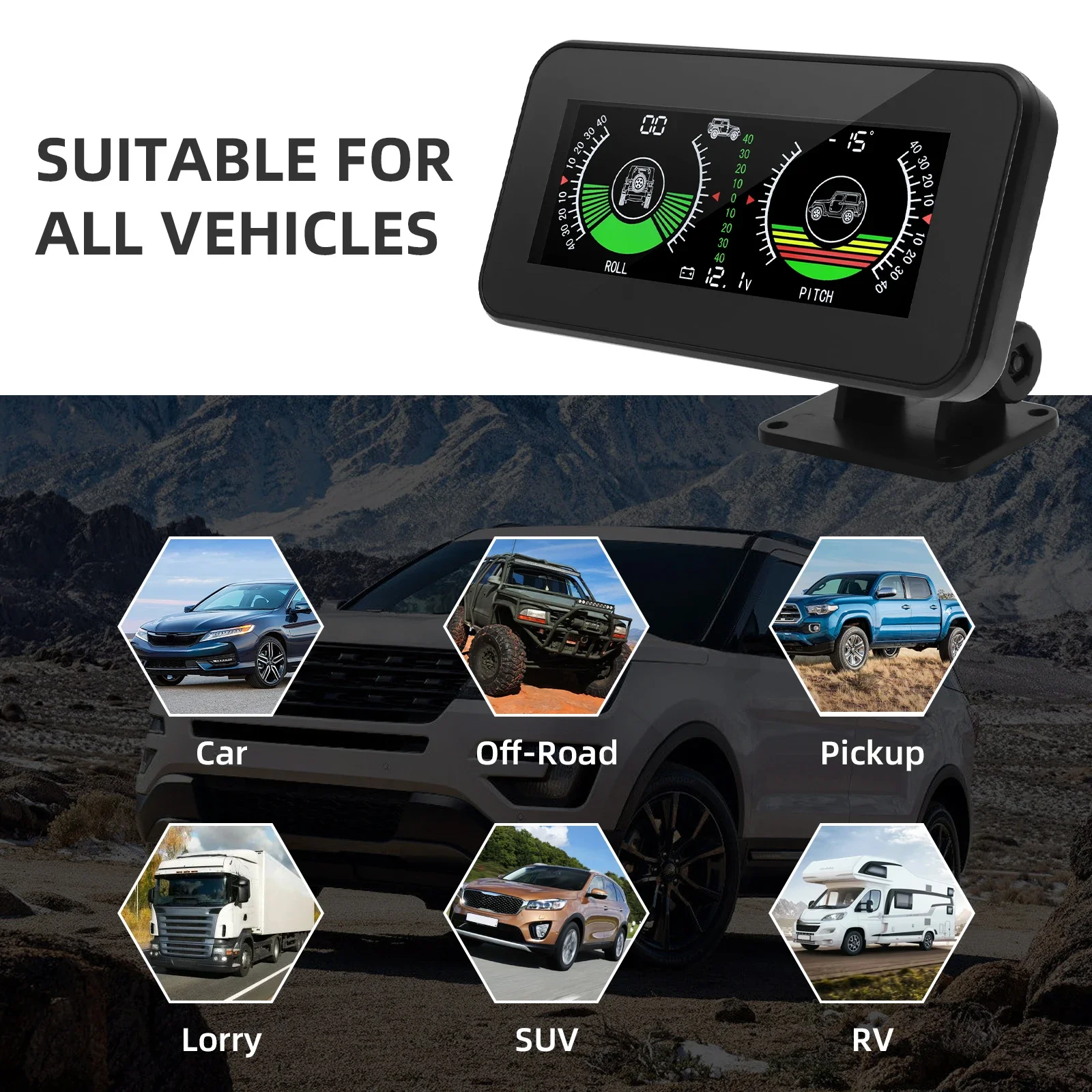 Inclinomètre Voiture Tout-Terrain Avec LED – Boussole & Alarme D’Inclinaison Multifonction