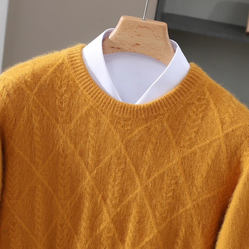 

Осенне-зимний мужской свитер из норковой шерсти, жаккардовый вязаный пуловер с круглым вырезом, повседневный свободный свитер с нижней рубашкой