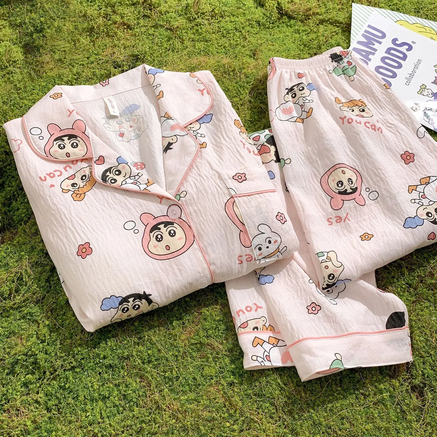 

Spring New Anime Crayon Shin-Chan Woman's Pajamas Girls Pjs Fashion Lapel Soft Long Sleeves Pants Cartoon Casual Kawaii Homewear