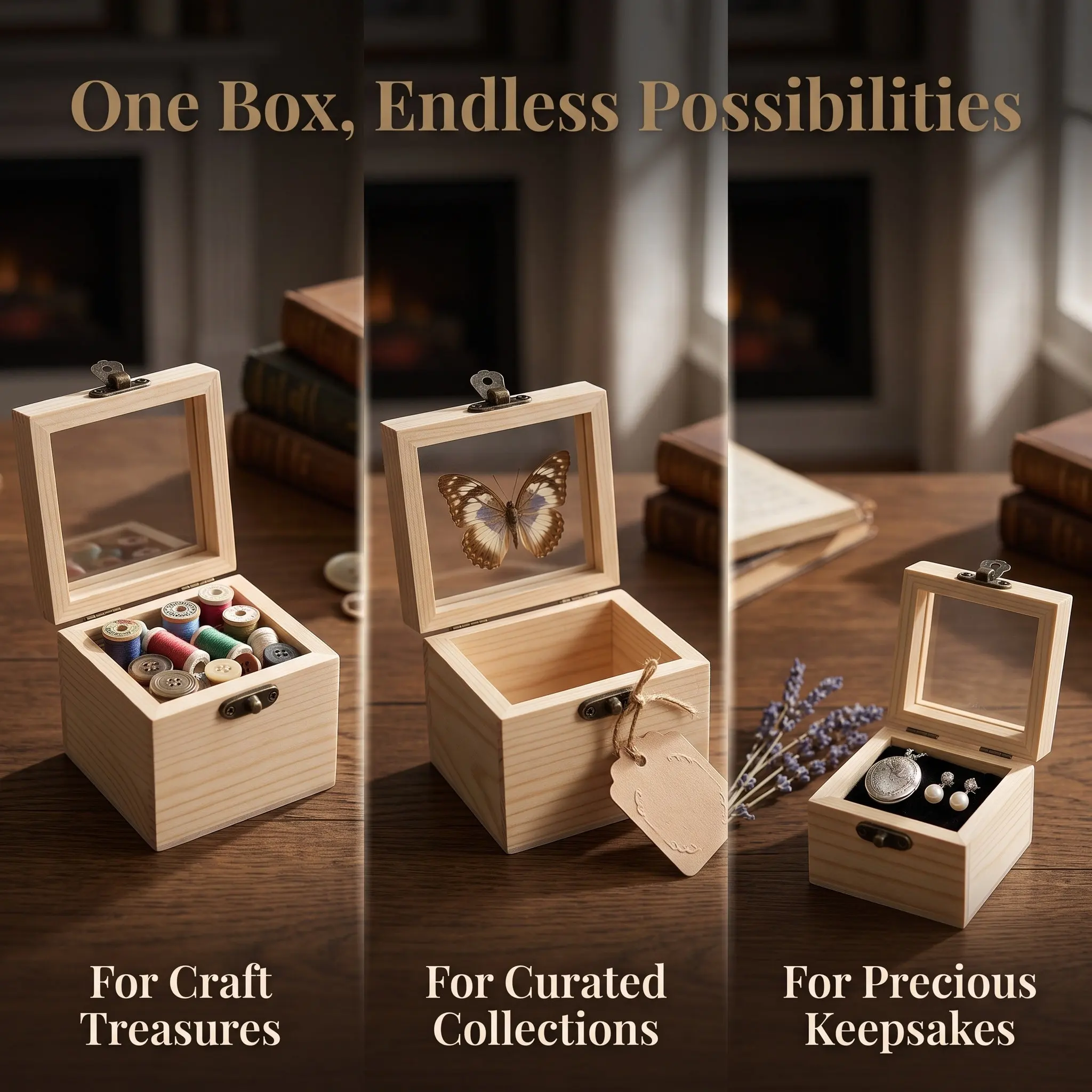 2Pcs Square Wood Storage Box Clear Lid Small Natural Wood Specimen Display Case Ideal for Insect Jewelry Bracelet DIY Crafts