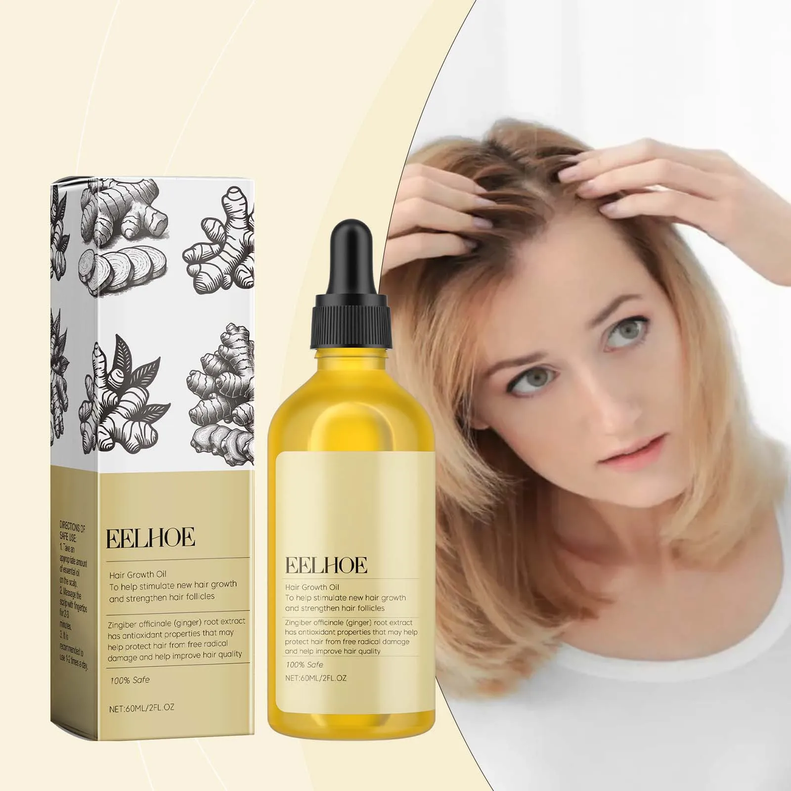 EELHOE-Óleo essencial de gengibre para o crescimento do cabelo, fortalece a alopecia, perda para homens e mulheres, tratamento do couro cabeludo, 7 dias