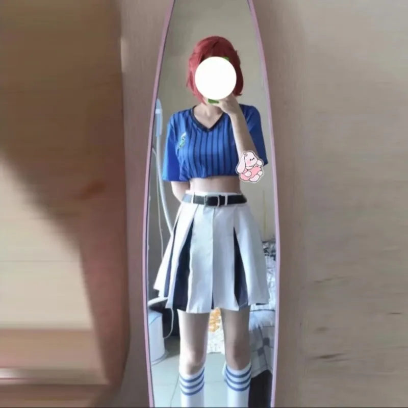 أنيمي الأزرق قفل أنري Teieri تأثيري حلي شعر مستعار التشجيع تأثيري موحدة أعلى تنورة اتحاد كرة القدم هالوين امرأة حفلة البدلة