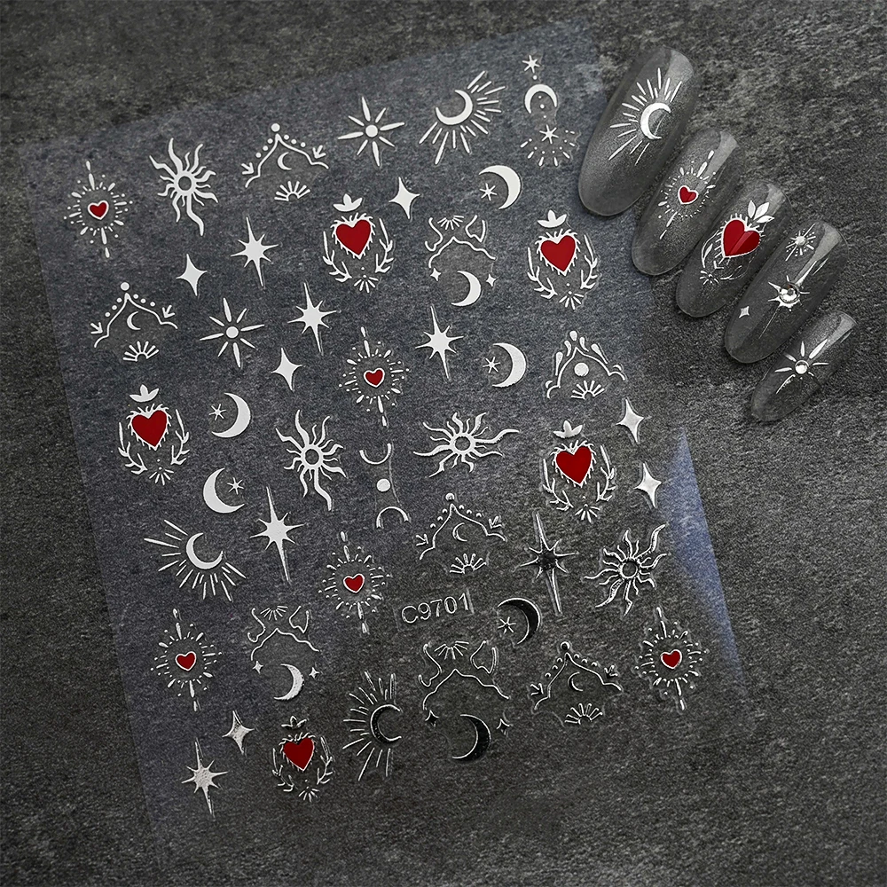 4Pcs/set Bronzing Love-Heart Nail Art Stickers Gold/Silver/Black/White Star Moon Decal 8*10cm Star Moon Heart Adhesive Slider&*&