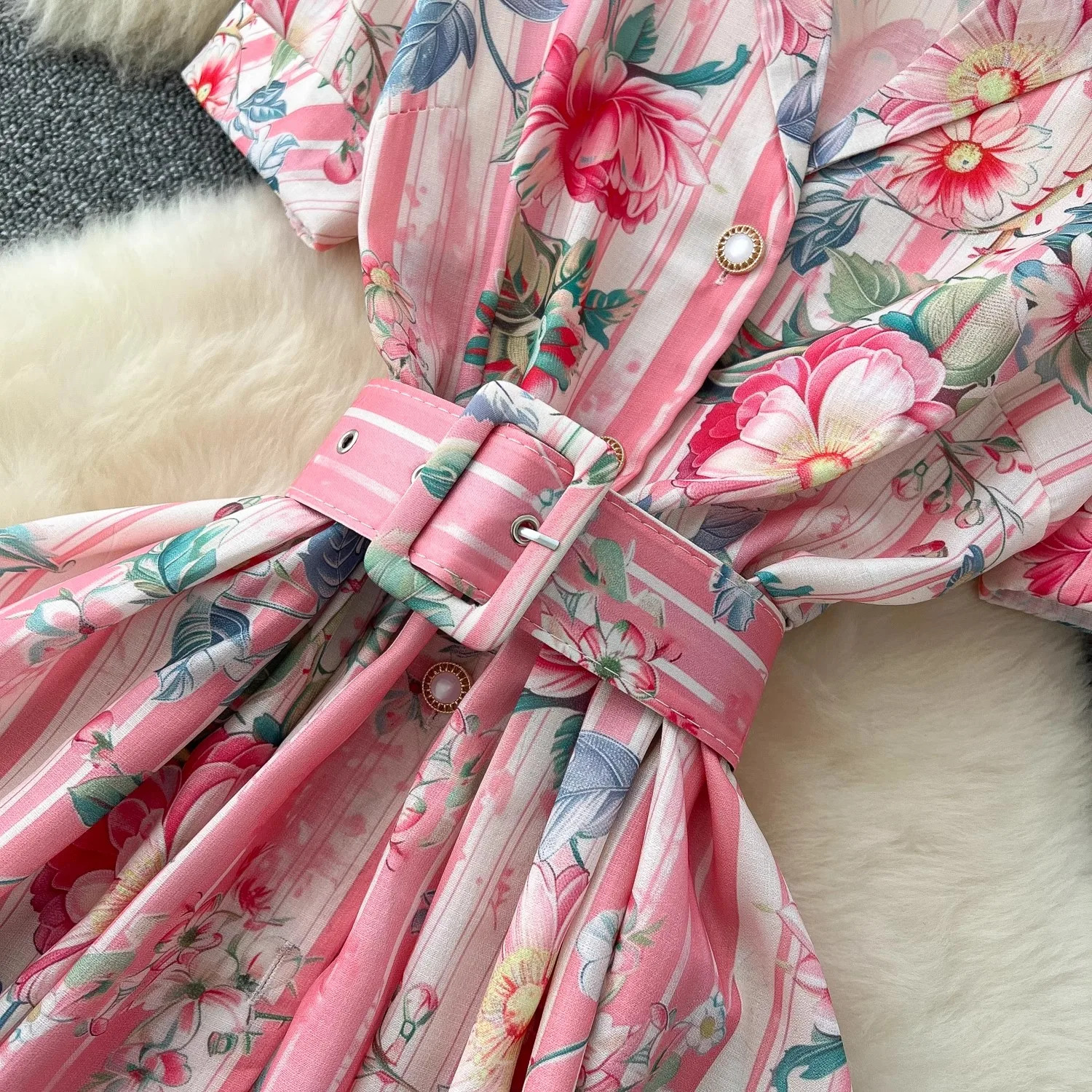 Verão férias flor boho robe vestido feminino manga curta entalhado cinto a linha praia festa vestido pérolas botões até maxi roupas