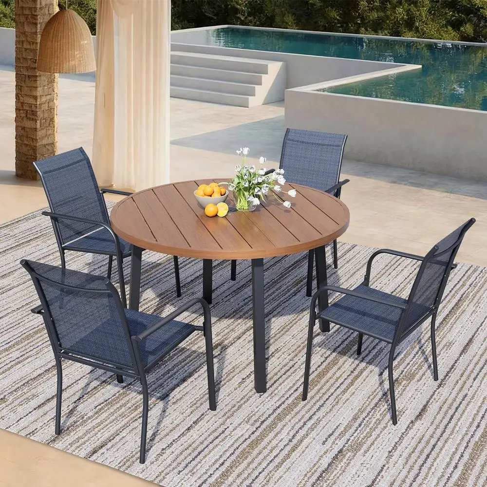 

4-Person Stackable Dark Blue Patio Dining Set with Walnut Round Table for Outdoor Garden Use