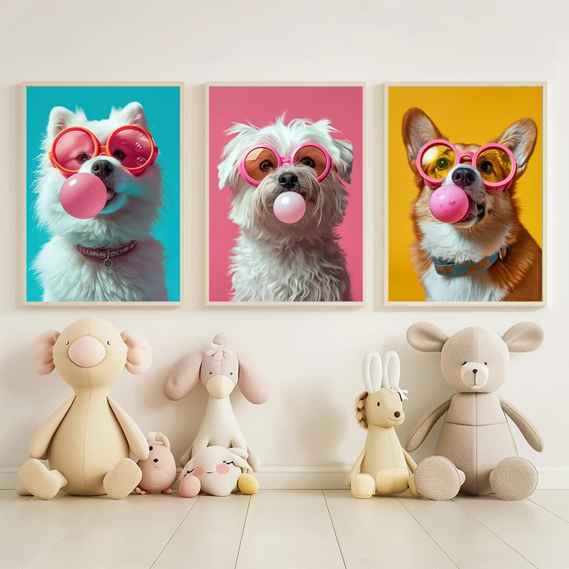Dog Colorful Bubblegum Sunglasses Poster Prints Samoyed French Bulldog Corgi Canvas Painting Wall Art Picture Room Home Decor