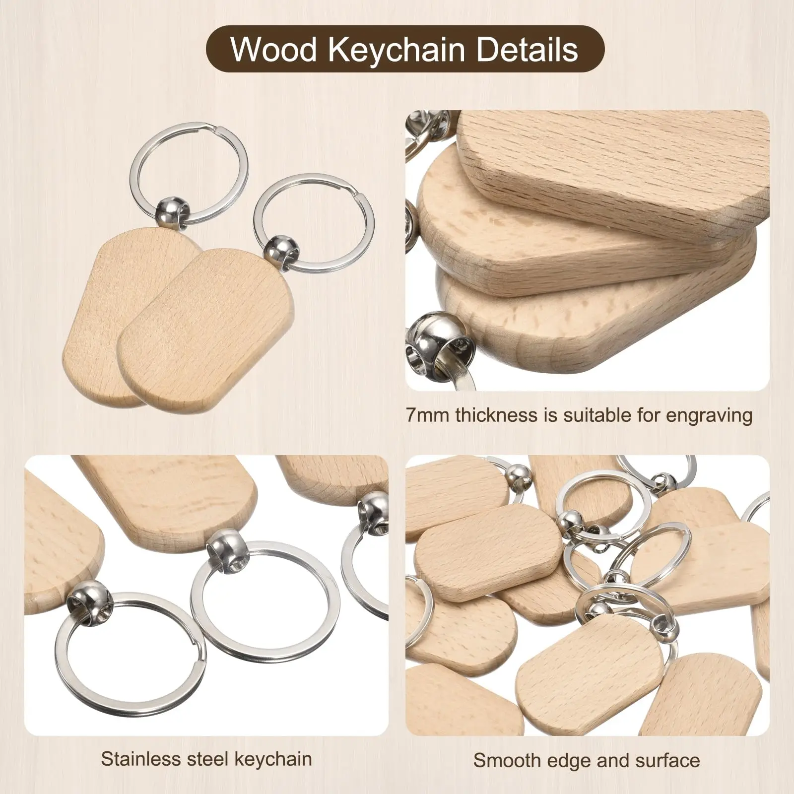 50Pcs/Set Blank Wooden Key Chain Geometry Shape Key Chains Tags Wood Keychains Key Ring Tag For DIY Crafts Gifts