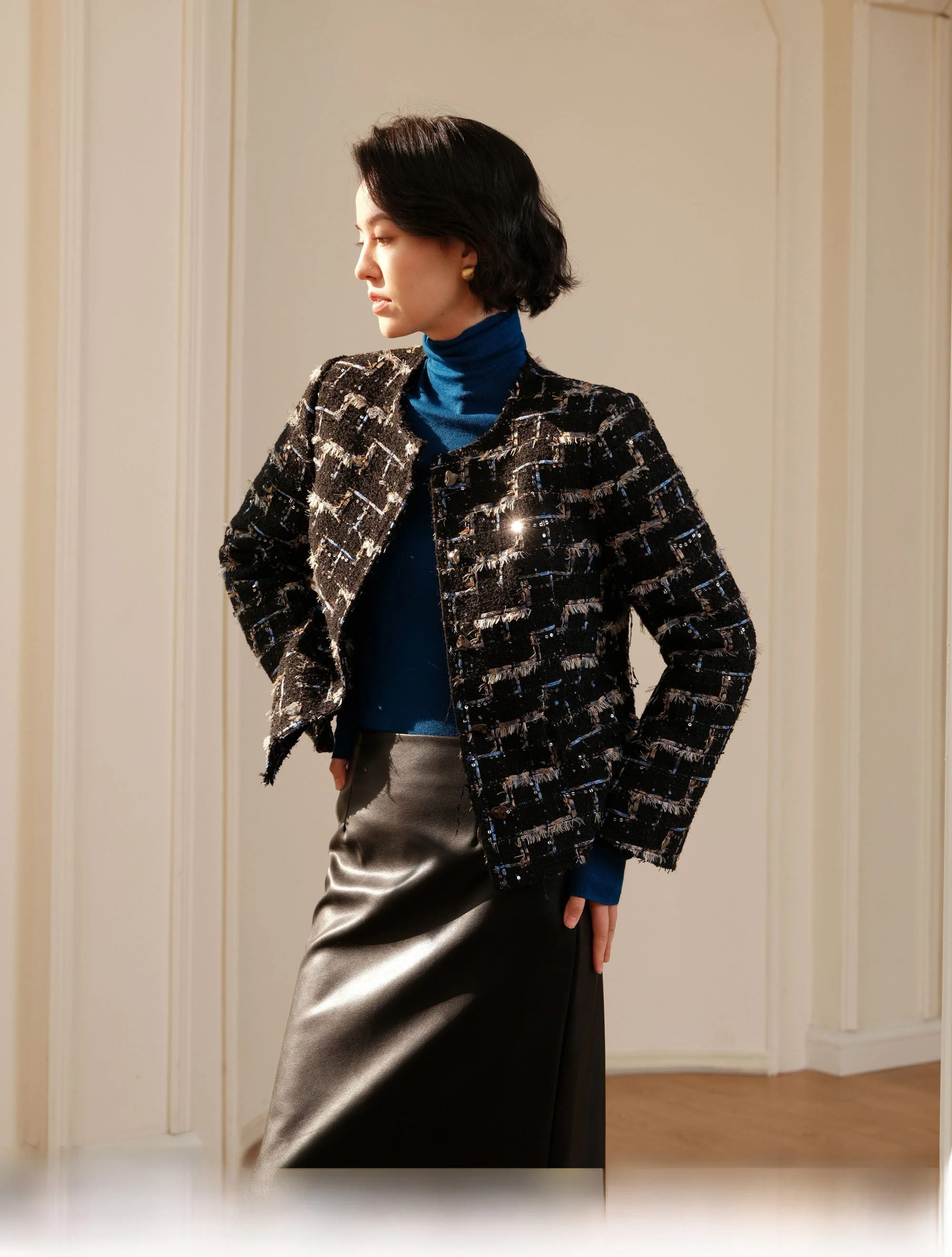 

Wool Cotton Tweed Fringe round Ne Coat by Chimei Rihua Ele Commute Sle Long Sve Winter Outerwear