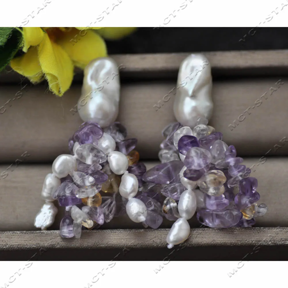

Z14272 Design 2.5" 21mm White Baroque Keshi Pearl Amethyst Tassel Dangle Earring 925silver