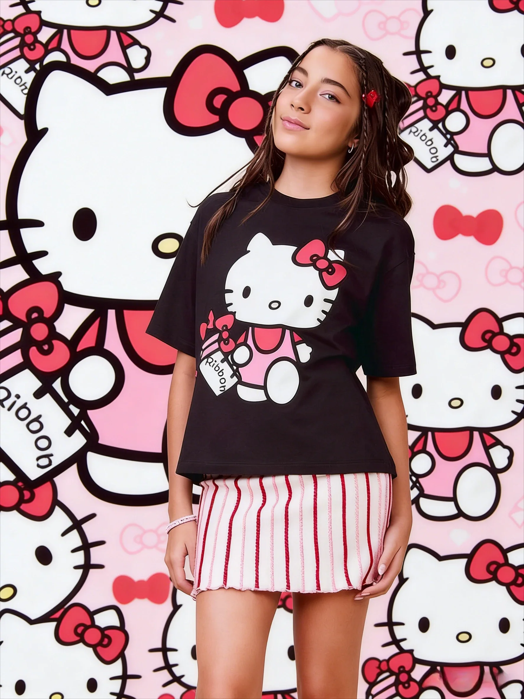 2026 Summer Hello Kitty Gift Style Printed Extra Large Loose-Tee Shirt for Adults, Children, or Parents' Clothing Y2k