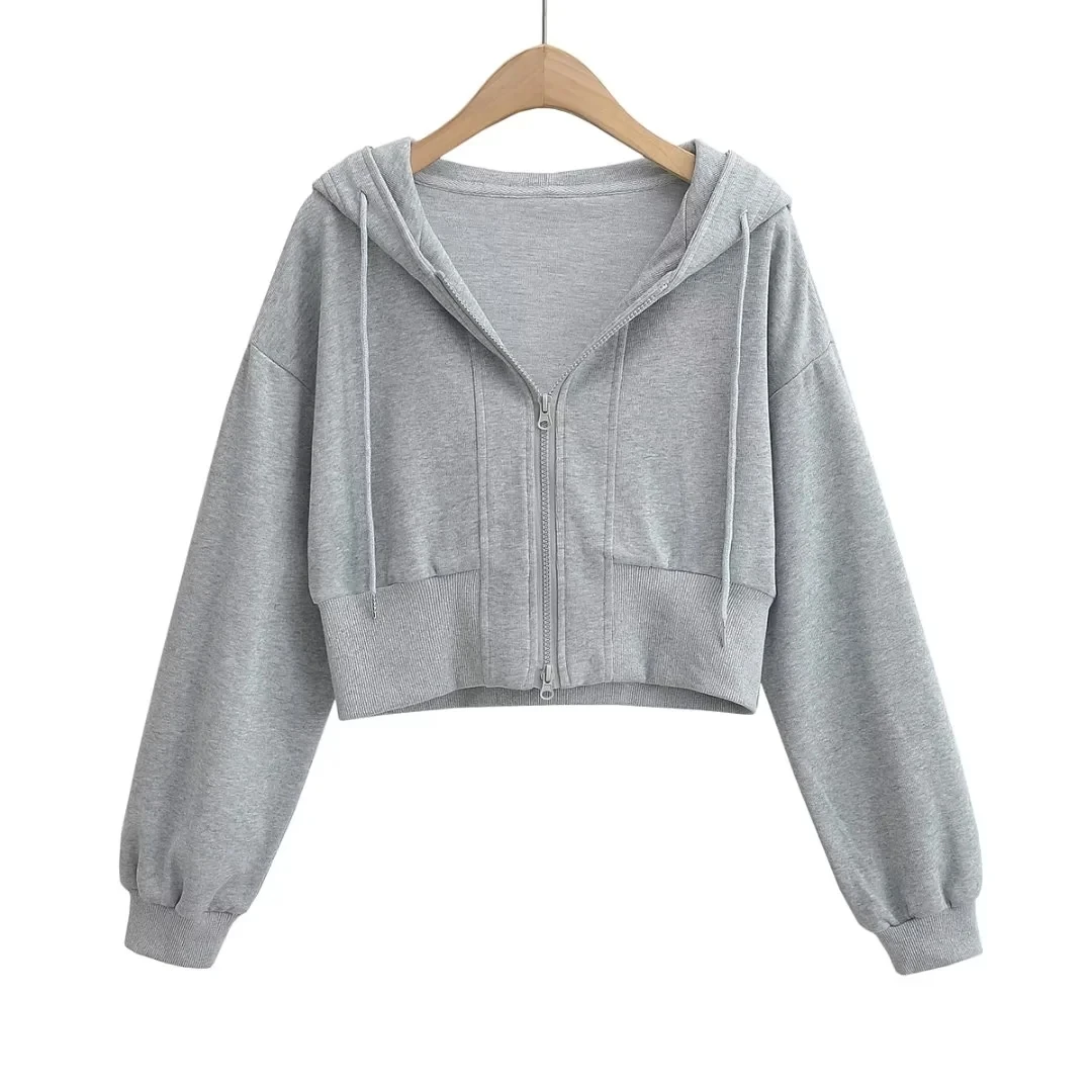 Damska bluza z kapturem na zamek błyskawiczny, kardigan, jednolity kolor, dopasowany krój, długość do pasa, nowa kolekcja wiosenna, luźny krój, odkrywająca pępek odzież wierzchnia.