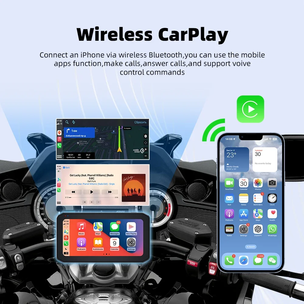 6.25\" HD Wireless CarPlay Screen for Motorbikes Android Auto with Two Cameras DVR Tire Pressure TMPS BSD-Motorcycle Accessories