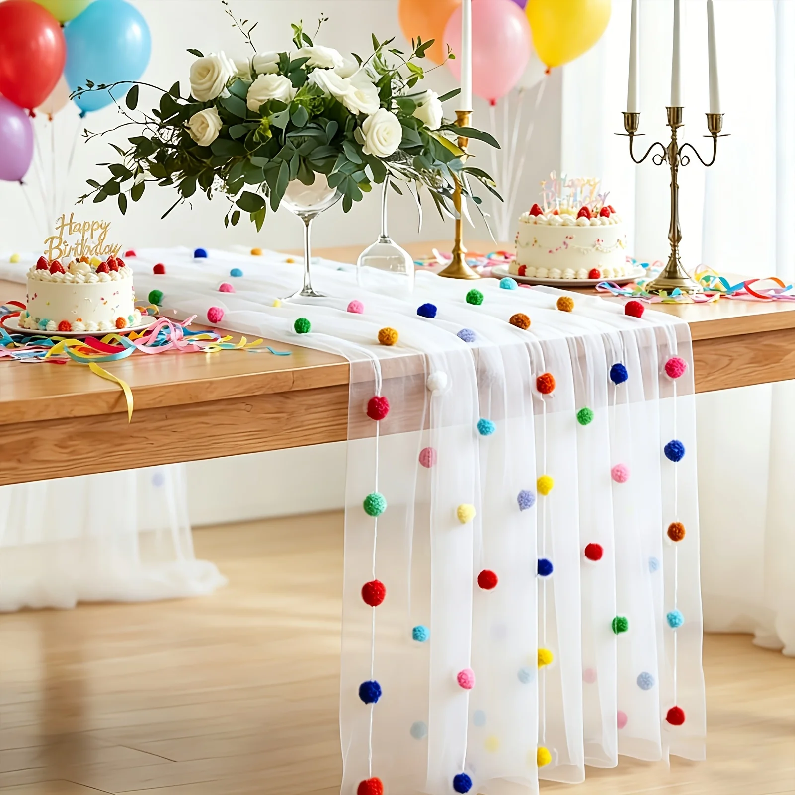Cute Party Tablecloth with 3D velvet pom-poms & confetti tulle runner. Colored polka dot mesh. Rainbow decor for birthdays ﻿ ﻿