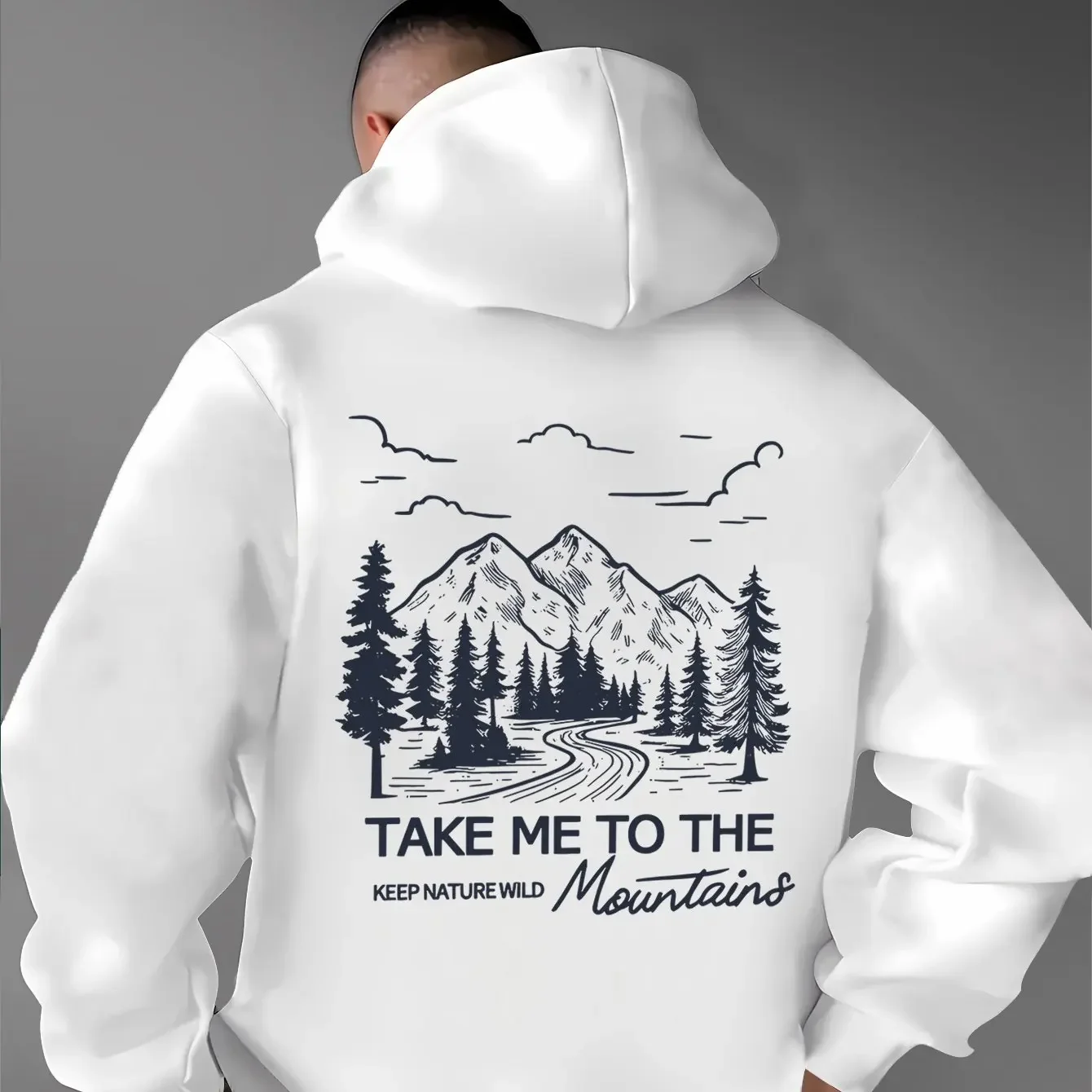 Vintage Mountain Forest Road Nature Slogan Back Print Hoodie Casual Oversized Hiking Outdoor Street‑style Long Sleeve Pullover