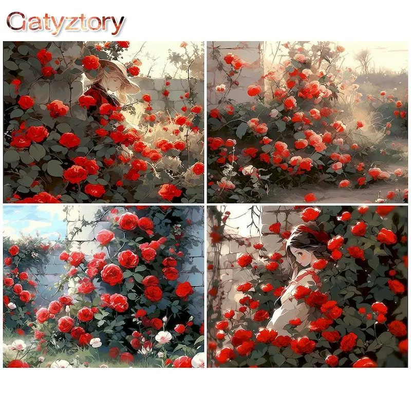 

GATYZTORY Picture By Number Red Fowers Kits Home Decor Painting By Numbers Drawing On Canvas HandPainted Art Gift