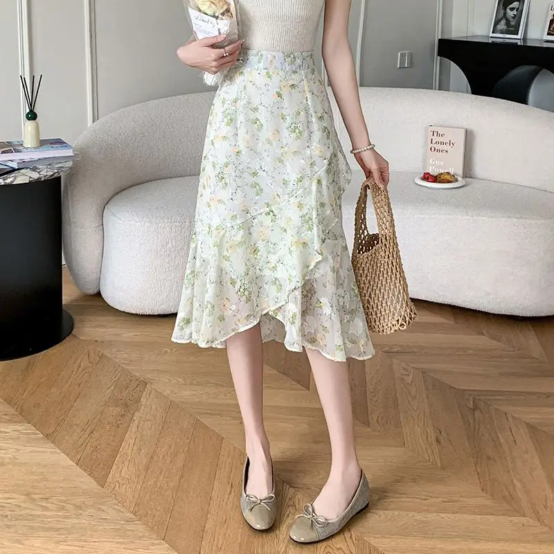 Women's Chiffon Skirt Midi Floral Ruffle Female Skirts Summer 2025 New in A Line Cheap V High Quality Chic and Elegant Modest