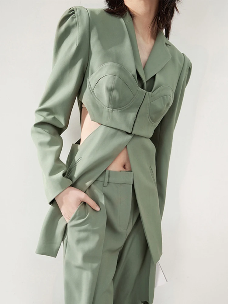  Hollow out Waist-Cinching Suit Jacket Women's Fashionable Long Sleeve Button-Up Sexy Style Autumn Wear Polyester
