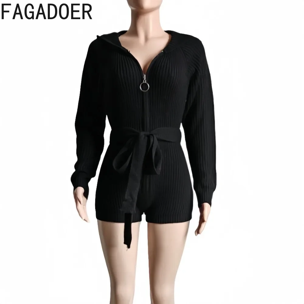 FAGADOER Autumn Winter Knit Rompers Women Zip Hooded Sashes Bandage Jumpsuits Short Elegant Fashion Ladies Office Streetwear